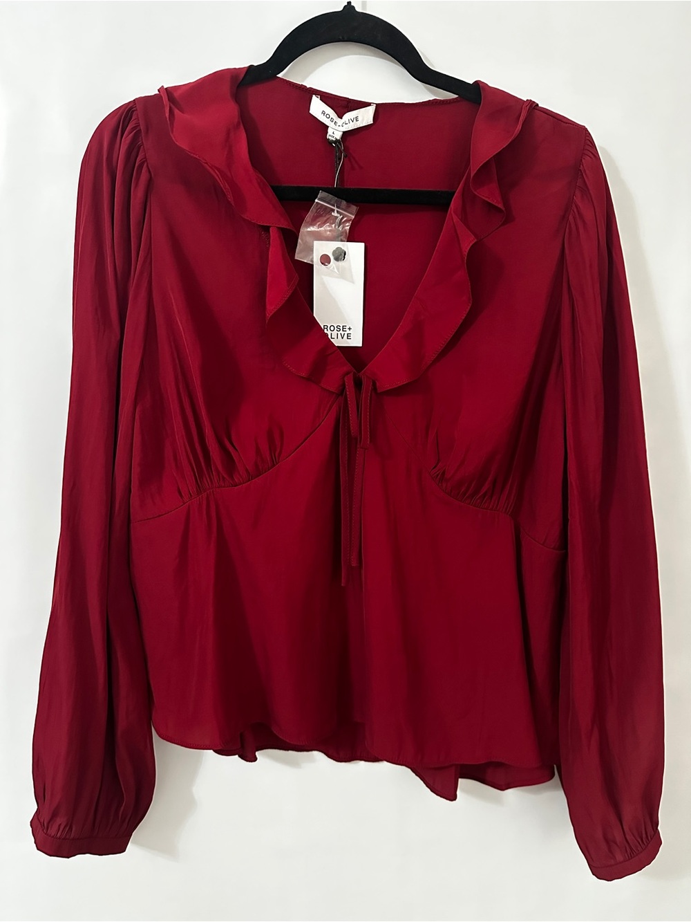 #117 Rose & Olive Wine Red Ruffle Tie-Front Blouse burgundy
